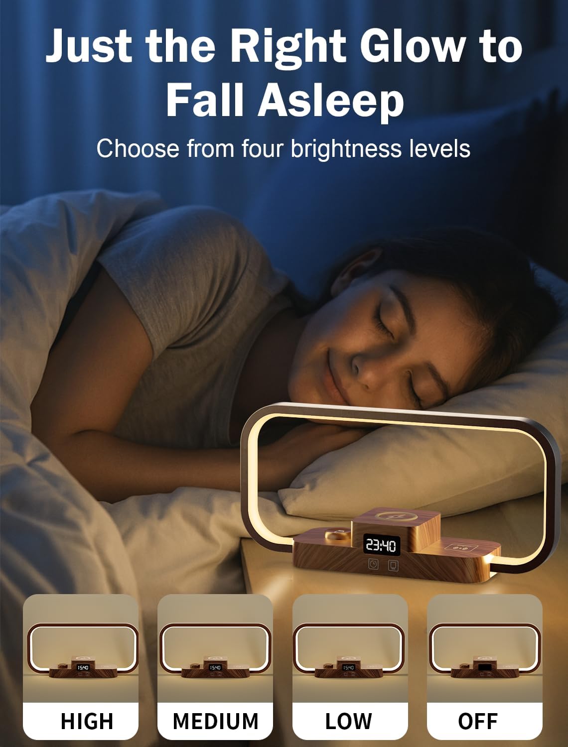 LED Bedside Lamp with Wireless Charger, 3 in 1 Touch Control Bedside Lamp, 5 Color Mode & Dimmable, Desk Lamps with Clock for Nightstand, Table Night Lamp for Bedroom, Gifts for Women, Men, Friends