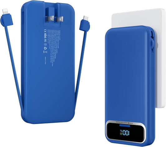 12000mAh Lightweight-Portable-Charger-Power-Bank with Built-in Cables and AC Wall Plug, PD20W USB-C Fast Charging Battery Pack, LED Display External Travel Phone Charger for All iPhone,Samsung,Android