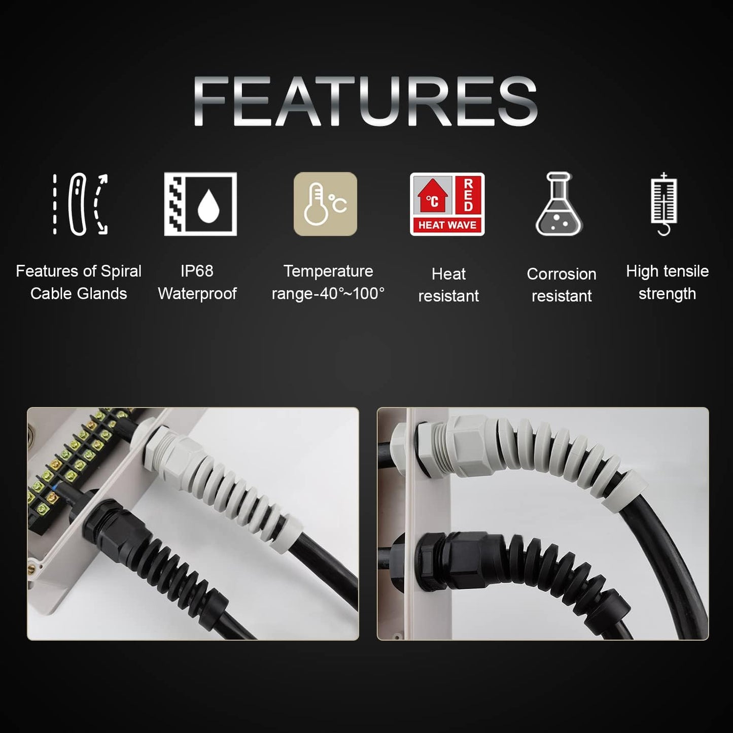 LeMotech 20Pcs NPT 1/2" IP68 Waterproof Cable Gland Flex Spiral Strain Relief Grey Nylon Joint with Gaskets for 6-12mm Wire Thread