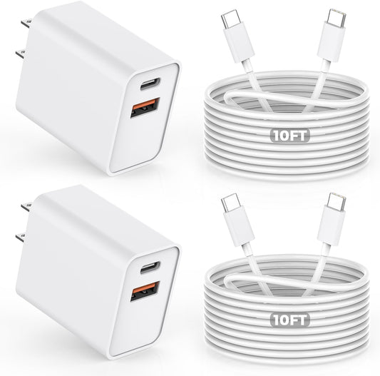 10FT iPhone 16e Fast Charger,2Pack 20W Dual Port USB C+A Power Adapter 10Foot Long USB C to C Fast Charging Cable Cord Quick Charging for iPhone 16e/16/16 Pro/15/15 Pro/Pro Max/Plus,iPad Pro/Air/Mini