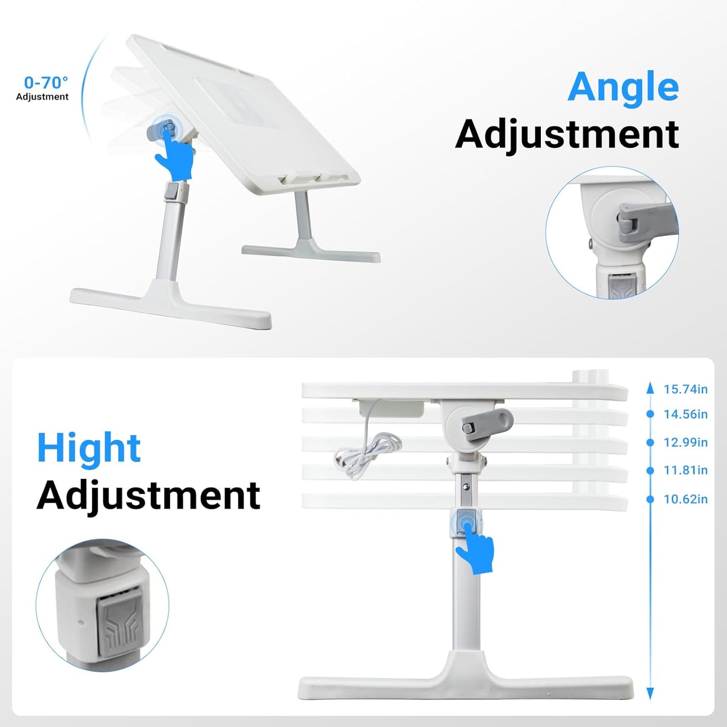 Laptop Lap Desk with Cooling Fan - Adjustable with Light, USB, Storage Drawer - Folding Bed Desk,23.62"*15.74",White