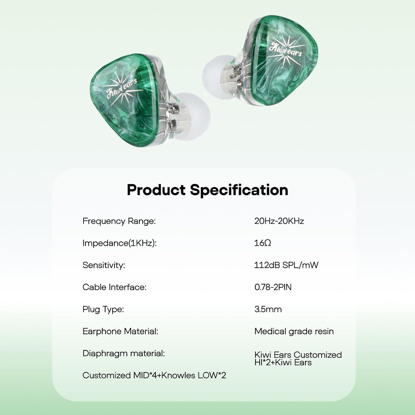 Linsoul Kiwi Ears Orchestra Lite Performance Custom 8BA in-Ear Monitor IEM with Detachable 4-core 7N Oxygen-Free Copper OFC Cable, Handcrafts Faceplate for Audiophile Studio Musician (Green)