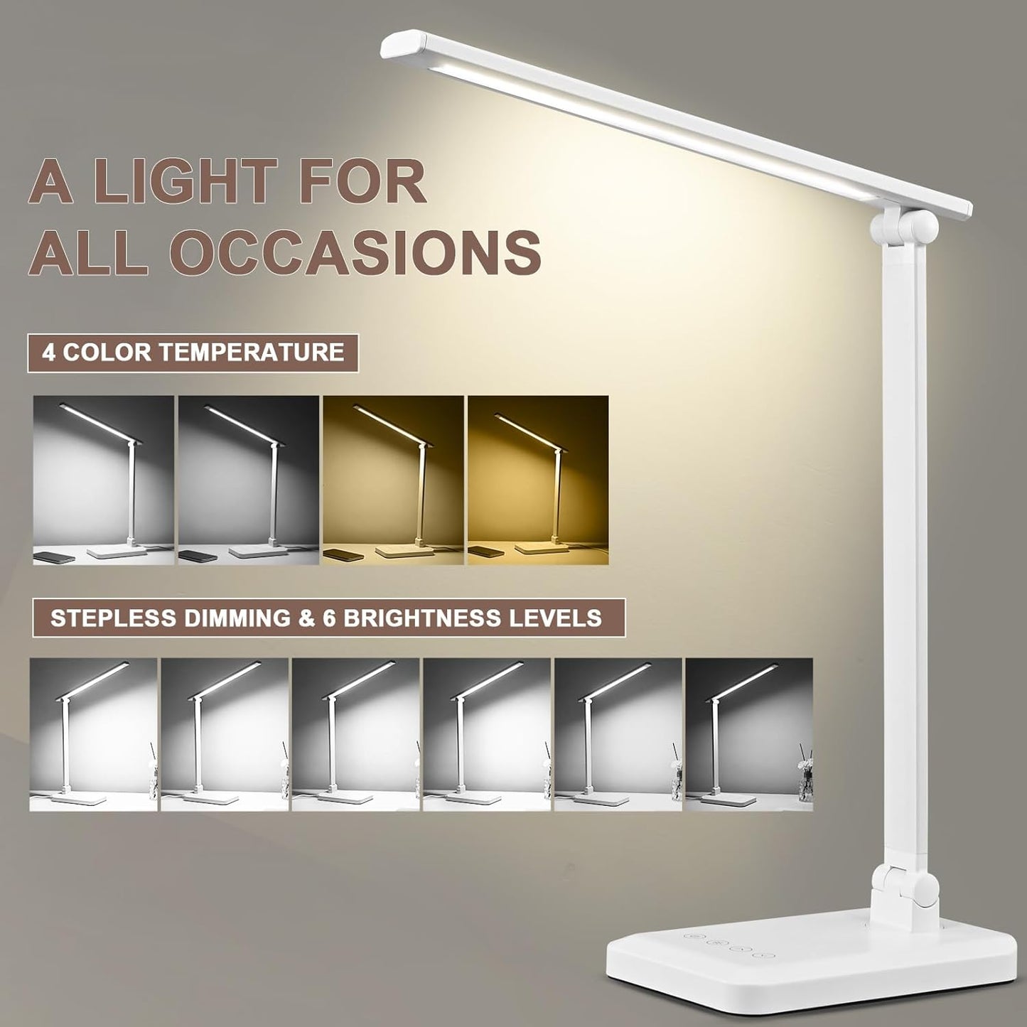 LED Desk Lamp with USB Charging Port Whole White for Home Office Essentials Table Lamp with Eye-Caring 4 Color Temperature Touch Control Stepless Dimming Desk Light for College Dorm