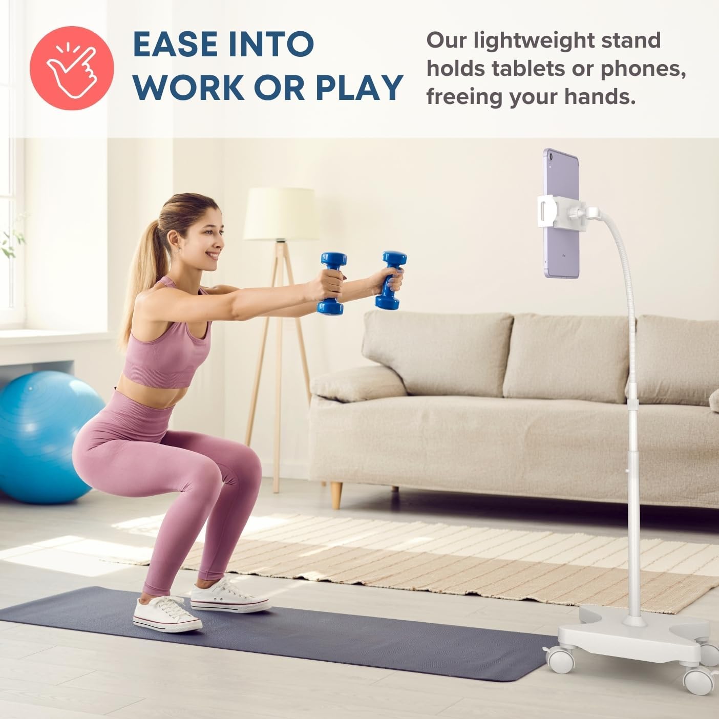 LEVO Adjustable Height Floor Stand on Wheels for Tablet & Phone - Gooseneck Holder Mount with Stable Base - Compatible with All Cell Phones & Tablets (4-13 inch) - White