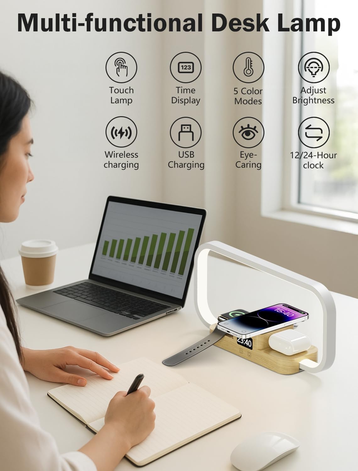 LED Bedside Lamp with Wireless Charger, 3 in 1 Touch Control Bedside Lamp, 5 Color Mode & Dimmable, Desk Lamps with Clock for Nightstand, Table Night Lamp for Bedroom, Gifts for Women, Men, Friends