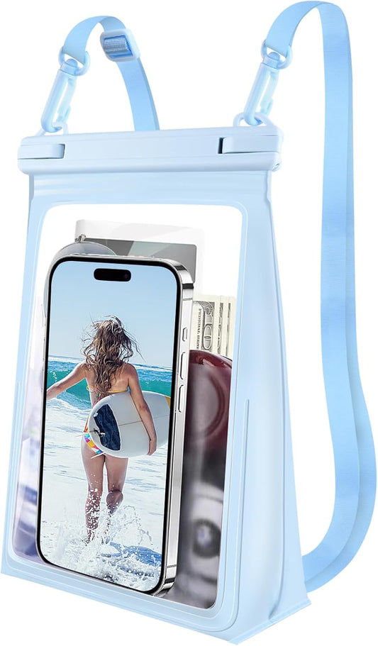 Large Waterproof Phone Pouch Floating, [Double Seals] IPX8 Waterproof Pouch for Beach Vacation, Cell Phone Dry Bag for iPhone Samsung Google All Phones Light Blue