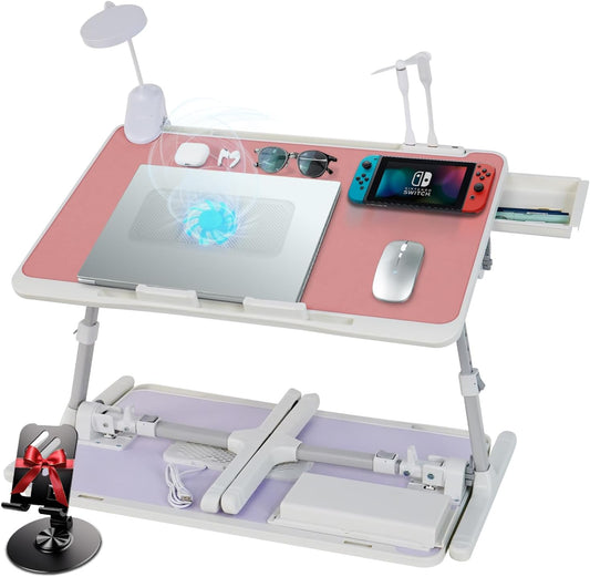 Laptop Lap Desk Include Cooling Fan,Adjustable Lap Desk with Light Fan,Folding Laptop Desk for Bed with USB,Bed Desk with Storage Drawer 56x32cm,Pink