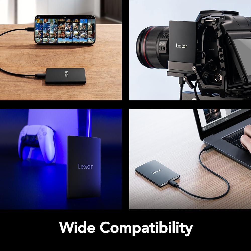 Lexar 1TB SL500 Portable SSD, Up to 2000MB/s, Compatible w/Type-C Laptops, iPhone 15/16, Smartphones, Tablets, PS5, Xbox, USB 3.2 Gen 2x2, Slim & Lightweight, External SSD, Black (LSL500X001T-RNBNU)