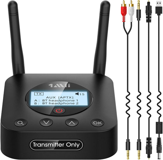 1Mii B06TX+ Long Range Bluetooth 5.2 Transmitter for TV/PC/Projector to 2 Wireless Headphones/Speakers, Bluetooth Adapter for TV w/Screen Display Plug n Play, aptX Low Latency & HD Audio