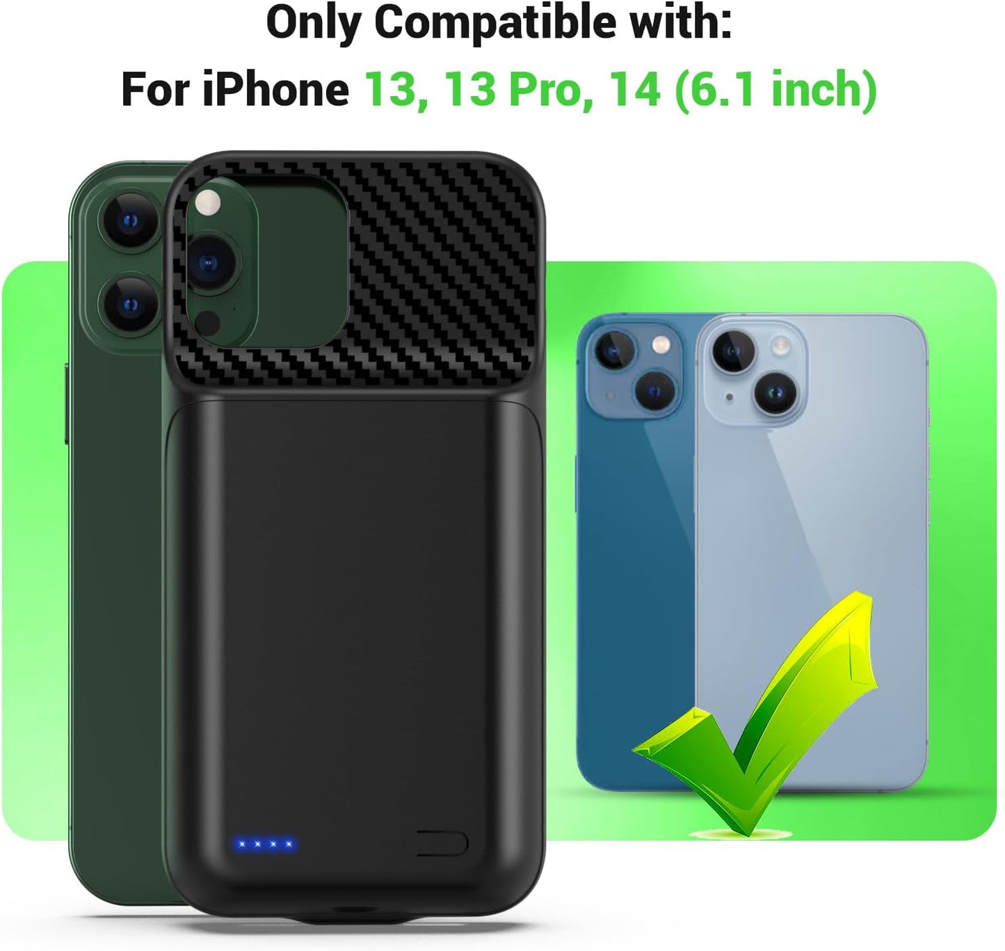 13800mAh High Capacity Battery Case for iPhone 14, for iPhone 13, 13 Pro (6.1 inch), 2025 Upgraded Battery Pack Rechargeable Charger External Charging Case w/Tempered Glass Screen Protector Black