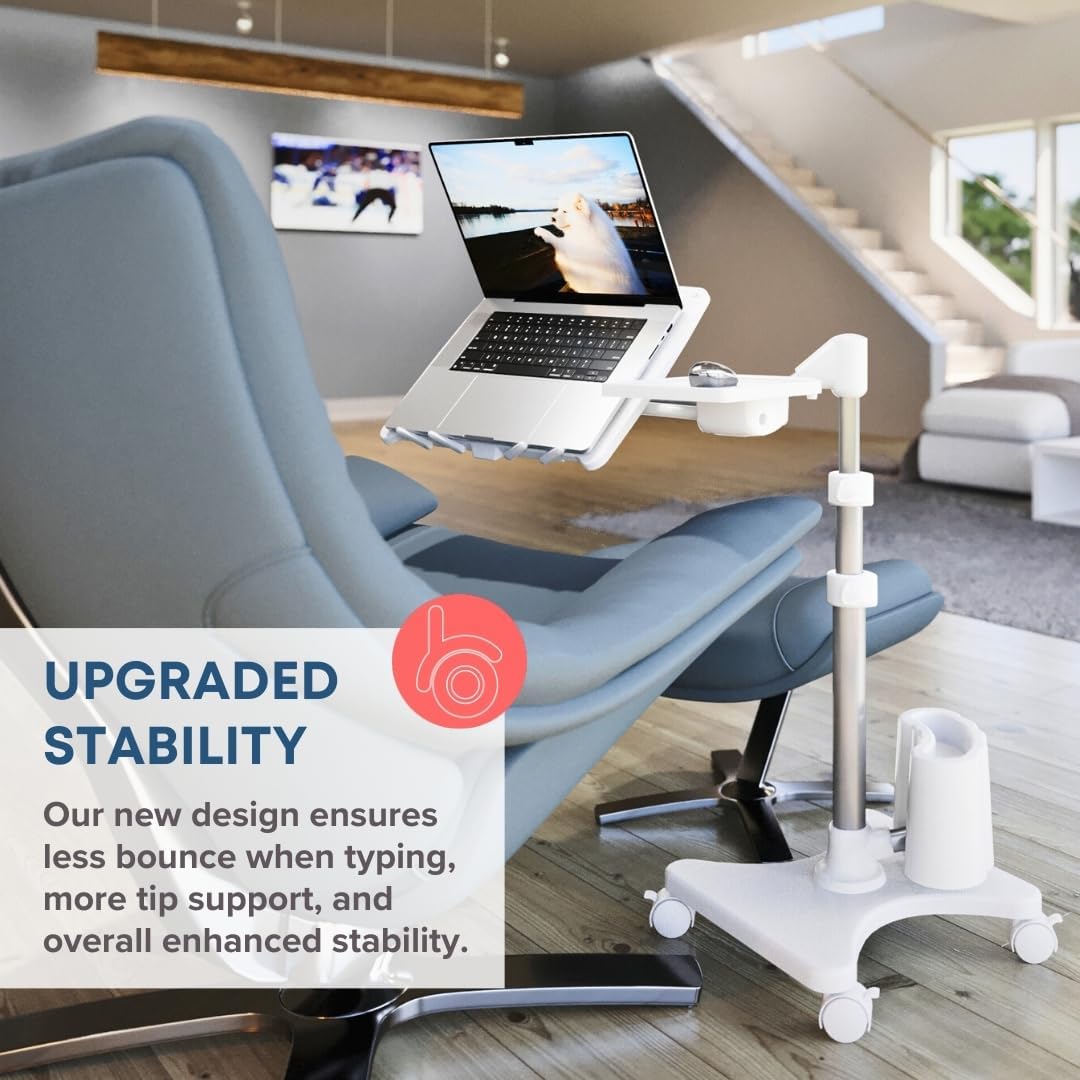 LEVO G2 Deluxe Adjustable Laptop Stand – Rolling Computer Desk & Ergonomic Table for Bed, Sofa, or Office – Portable Mobile Workstation with Tilt – Fits Devices up to 16″ - Silver & White