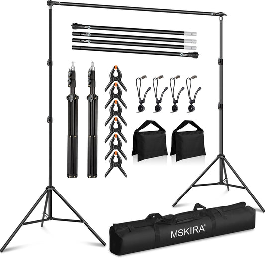 10 x 6.9 Ft Photo Backdrop Support Stand, MSKIRA Adjustable Background Stand, Backdrop Support System Kit for Parties Screen Back Drops Events Decoration, with 6 Clamps, 4 Clips, 2 Sandbags, Carry Bag