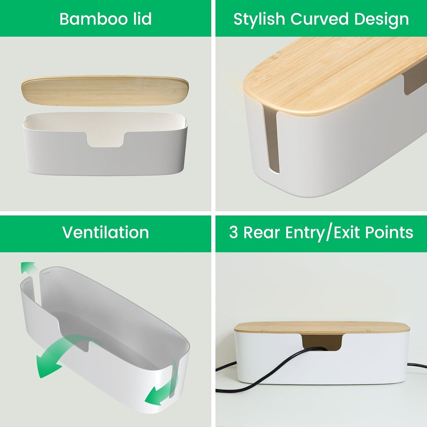 Large Cable Management Box - Cord Organize Box with Bamboo lid for Safe Home & Office, Cord Hider for Power Strip Under Desk, Cover TV Wires, Child & Pet Proof Cord Box, White