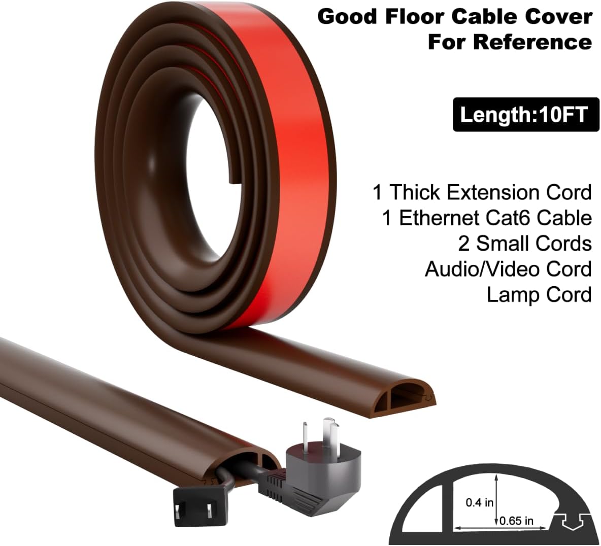 10FT Side-Open Extension Cord Covers for Wires on Floor,Silicone Power Cable Protector Cord Hider Management Strip,Hide Electric Wire on Carpet,Chord Runner Protective Safety Wiremold,Brown