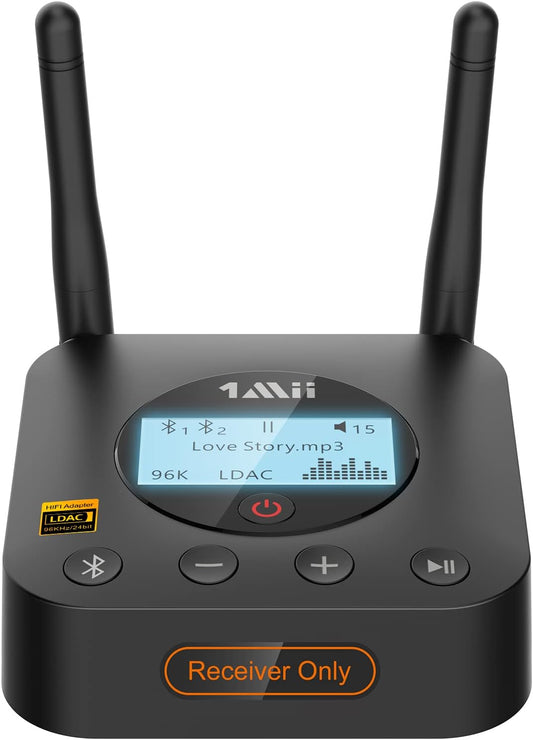 1Mii B06Pro+ Hi-Fi Bluetooth 5.1 Audio Receiver, LDAC Hi-Res Wireless Audio Adapter for Home Stereo w/aptX HD Low Latency, LCD Display, Long Range, Volume Control, 3.5mm AUX Optical Coaxial