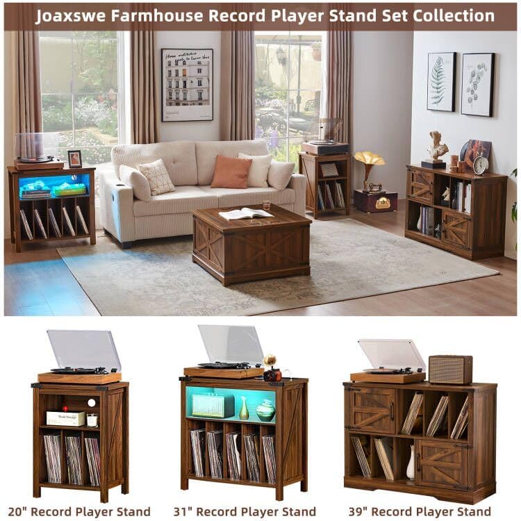 Large Record Player Stand with Charging Station & LED Lights, Vinyl Records Storage Holder Cabinet Holds up to 230 Albums, Turntable Stand for Music Room, Bedroom, Living Room, Office (Brown)