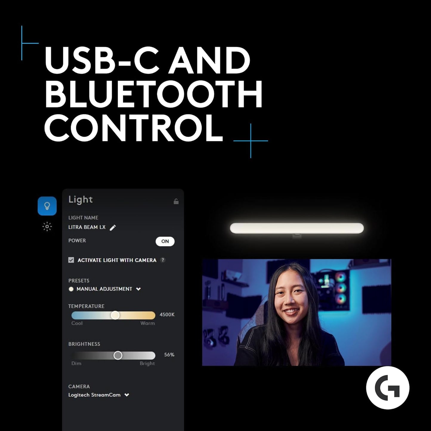 Logitech G733 Lightspeed Wireless Gaming Headset + Litra Beam LX Premium Dual-Sided RGB LED Streaming Key Light - Blue