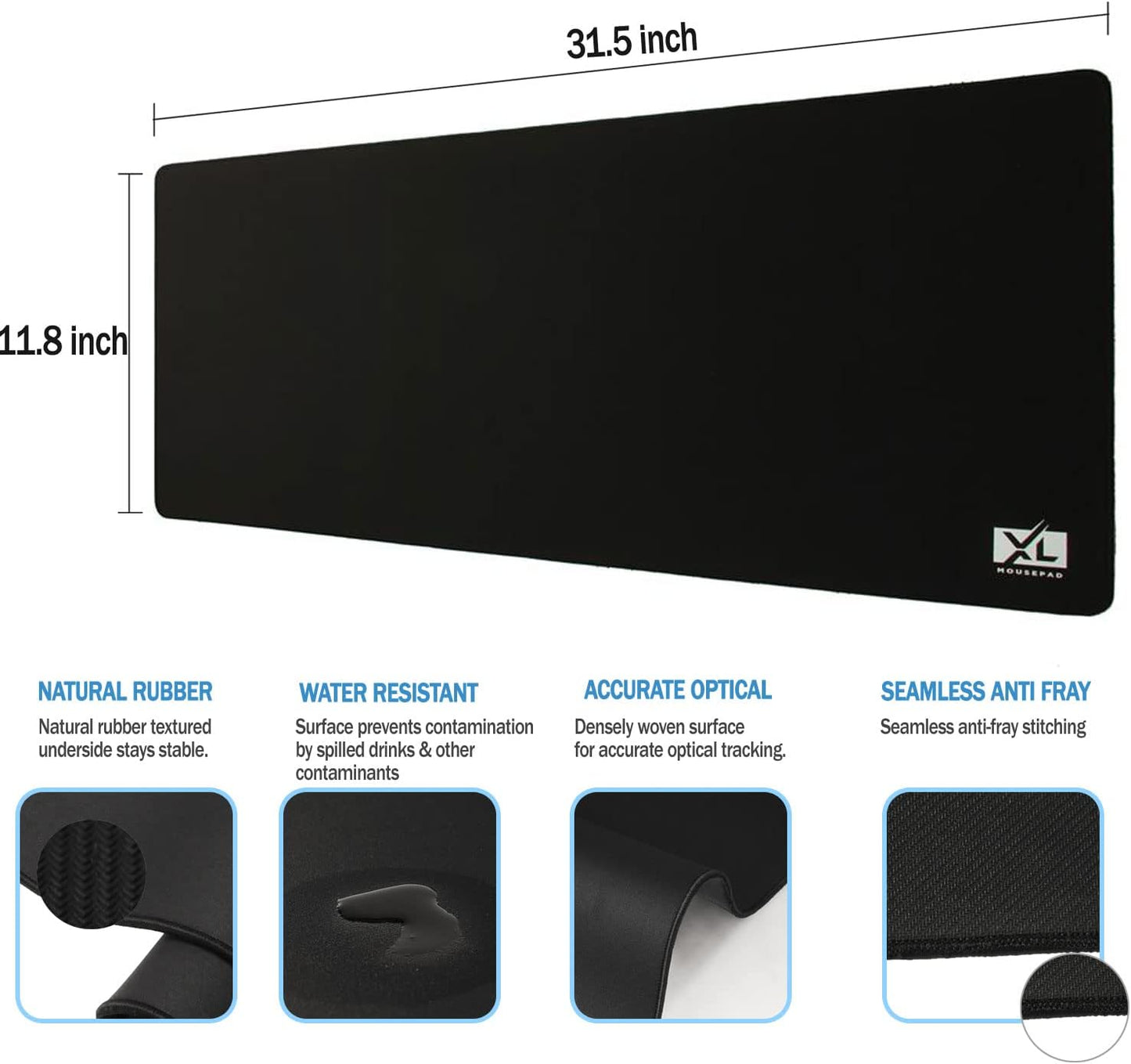 Large Extended Gaming Desk Mousepad (800x300x3mm) - Nonslip Rubber Base and Water Spill Resistant Desktop Keyboard Mouse Mat - Anti-Fray Cloth - Black