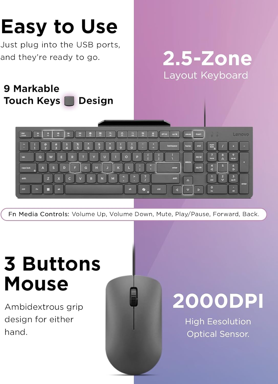 Lenovo 310 USB-A Wired Keyboard Mouse Combo, Quiet Keys, Ultra-Slim Gaming Design, Spill-Resistant, Integrated Phone Stand, Compatible w Laptop, PC, Tablet – Ergonomic Mouse Mechanical Keyboard USB