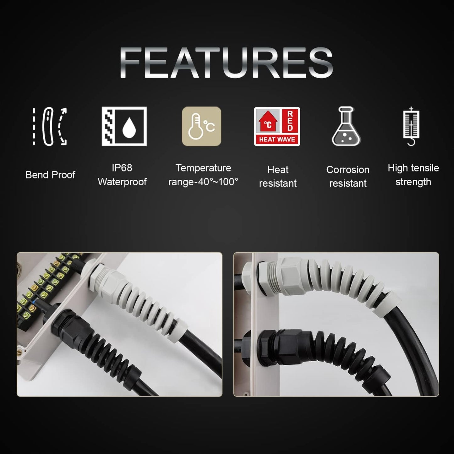 LeMotech 2Pcs NPT 1" IP68 Waterproof Cable Gland Flex Spiral Strain Relief Black Nylon Joint with Gaskets for 18-25mm Wire Thread