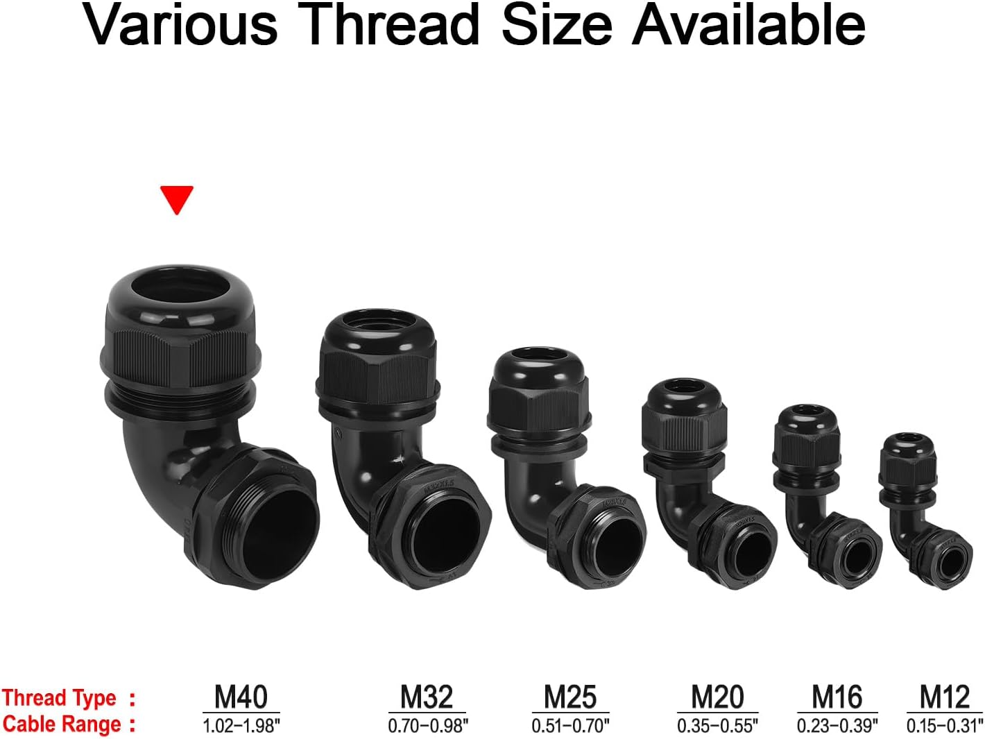 LeMotech M40 Cable Gland, 90 Degree Adjustable 26-33mm Cable Range Strain Relief, Cord Connectors Nylon Joints with Gaskets, 2 Pcs, Black