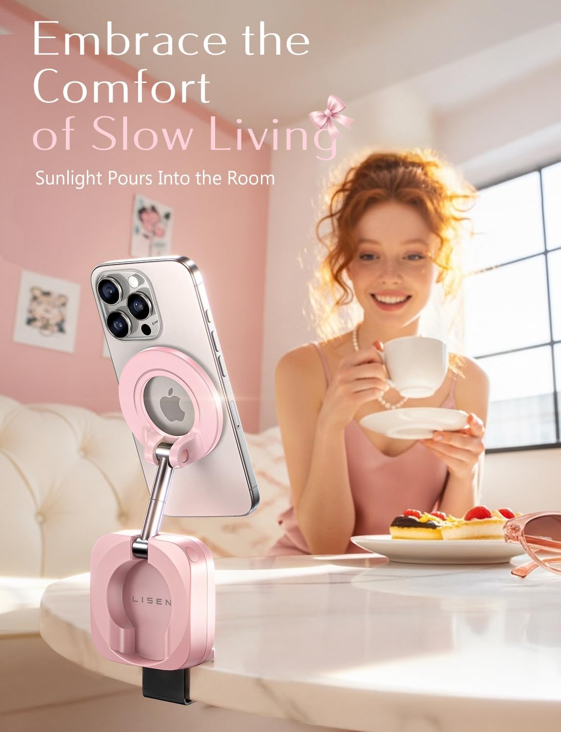 LISEN Airplane Phone Holder Travel Essentials for Women Long Flight Essentials Must Haves Handsfree for MagSafe Phone Stand Beach Vacation Cruise Essentials 2025 for iPhone 16 Pink