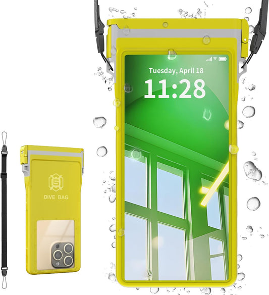 Large Floating Waterproof Phone Case with Lanyard for Snorkeling & Diving - Underwater Phone Pouch Compatible with i-Phone 16/15/14 Pro Max, Galaxy All Series, Beach and Pool Water Park (Yellow)