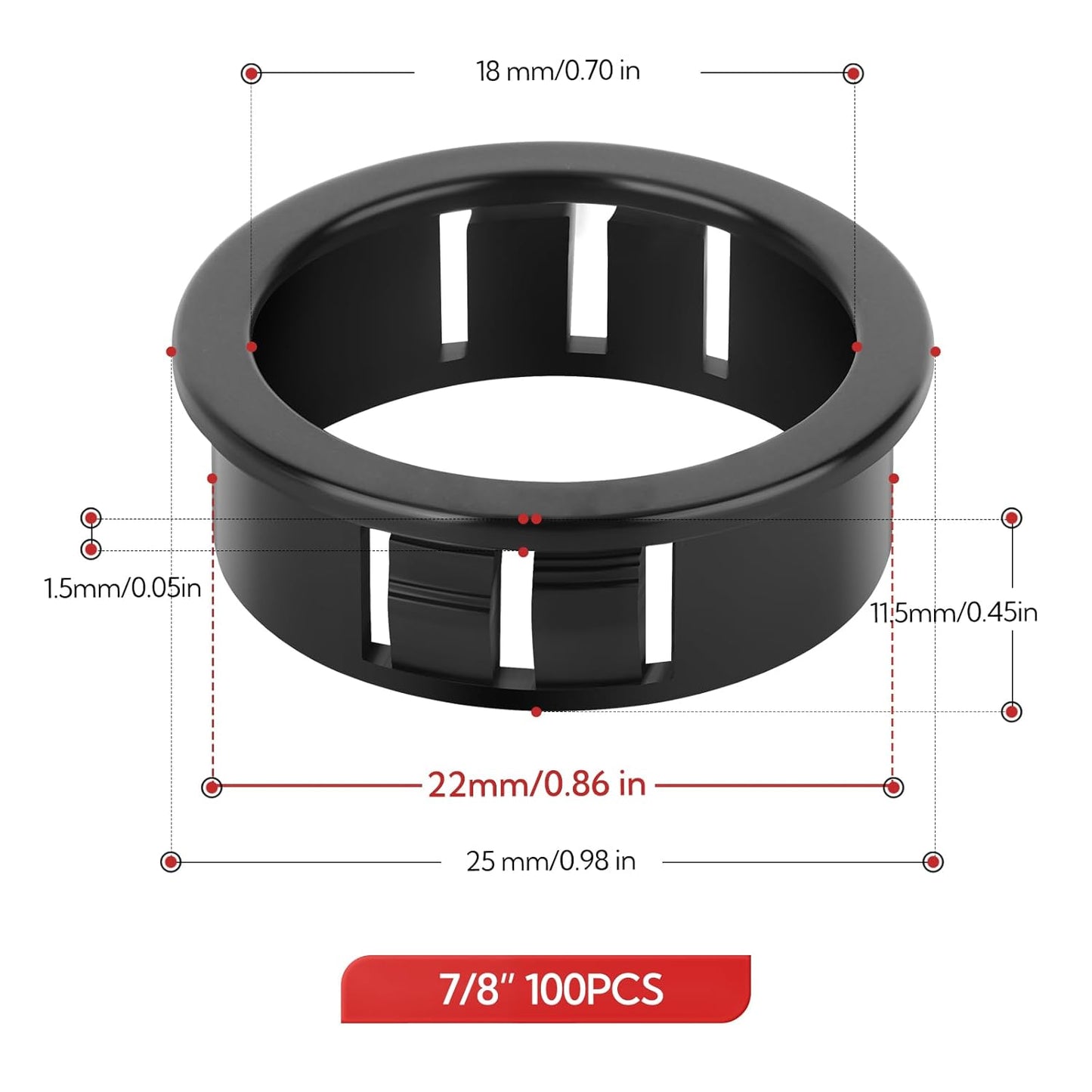 100PCS 7/8" Black Cable Snap Bushing Grommet, Snap in Cord Bushing Protect Cables