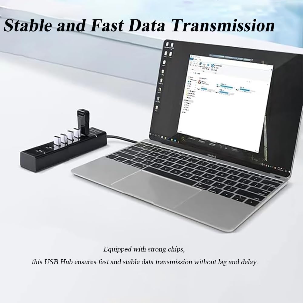 2 Pack 7 Ports USB Hub, Multiple Port USB Adapter with Indictor Light, High Speed Data Transmission Docking Station, Compatible with Mouse, Keyboard, Printer, Windows, MacOS, Linux