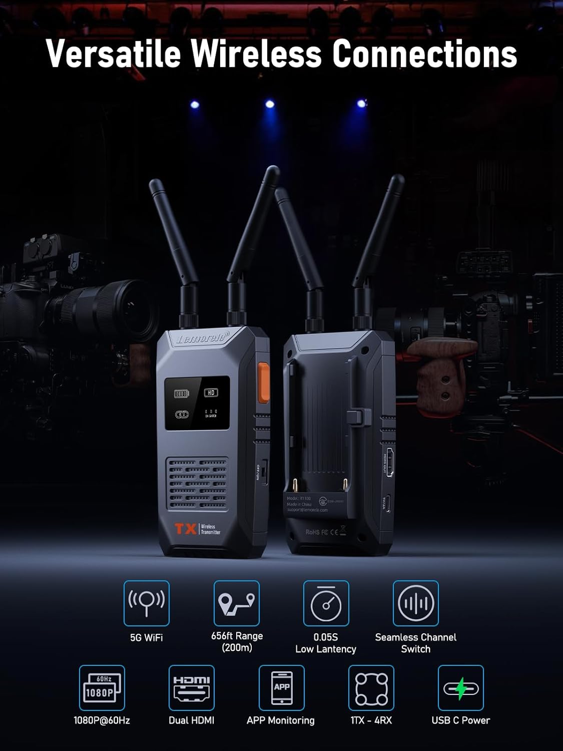 Lemorele Wireless HDMI Transmitter and Receiver, Plug and Play HDMI Local Loop-Out, 5.8G 656Ft 1080P Full HD for Stream Audio & Video from Camera/PC/TV-Box to Projector/Monitor/TV