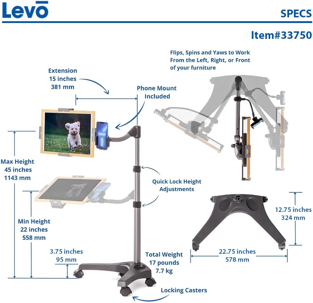 Levo V16 Tablet Floor Stand for iPads, iPad mini, New iPad Pro, Galaxy, Nexus, Xoom, Surface Pro, Miix, Nook, Fire, and Other Tablets and eReaders Black Color