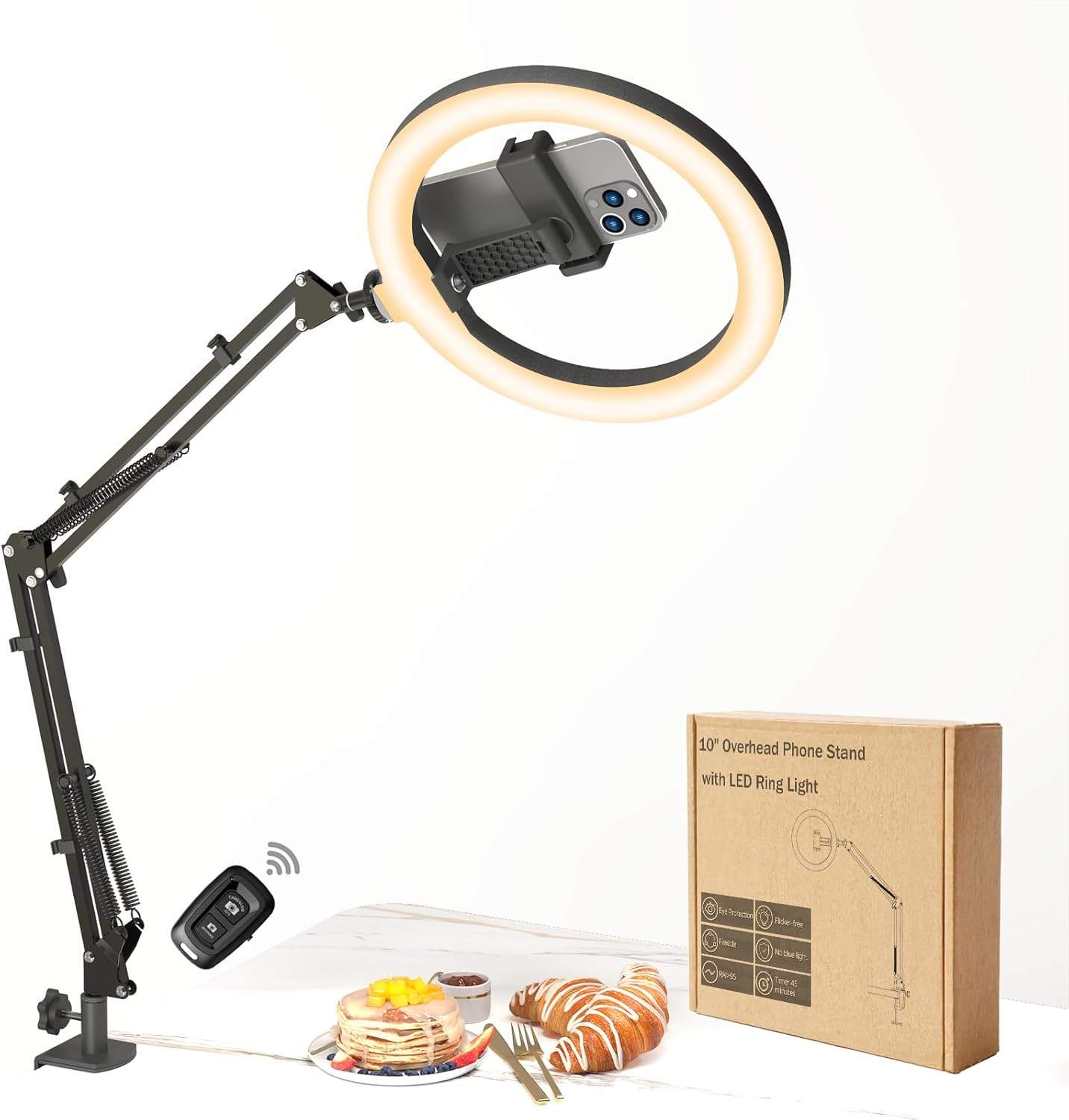 10" LED Ring Light with Overhead Phone Stand, CRI≥95 1200lm Dimmable Lighting, Adjustable Metal Arm with Remote & Phone Holder, for Streaming, Makeup, Zoom Calls, Photography