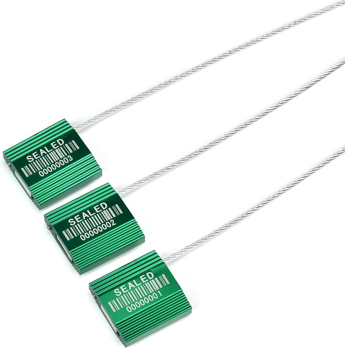 100 Green Steel Cable Seals With Barcode - High Security Numbered Truck Anti-Tamper Pull Tite Tags - Metal Container Shipping Self-Locking Safety Ties ISO 17712