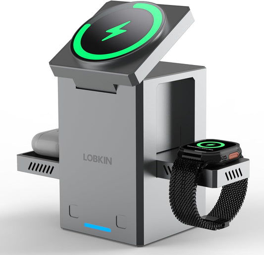 LOBKIN 3 in 1 Charging Station, Qi2 15W Foldable Intelligent Fast Wireless Charging Station,MagSafe Charger Stand for iPhone 16/15/14/13, Airpods, Apple Watch