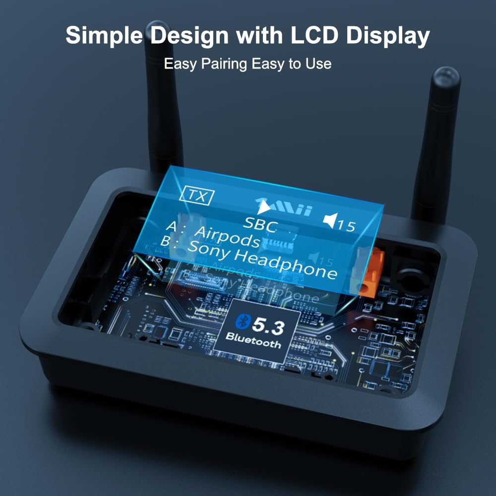 1Mii B03+ Bluetooth Transmitter Receiver for TV Home Stereo, Long Range Bluetooth 5.3 Adapter for TV Audio with Screen, aptX Low Latency & HD & AD, Optical RCA AUX 3.5mm Inputs/Outputs