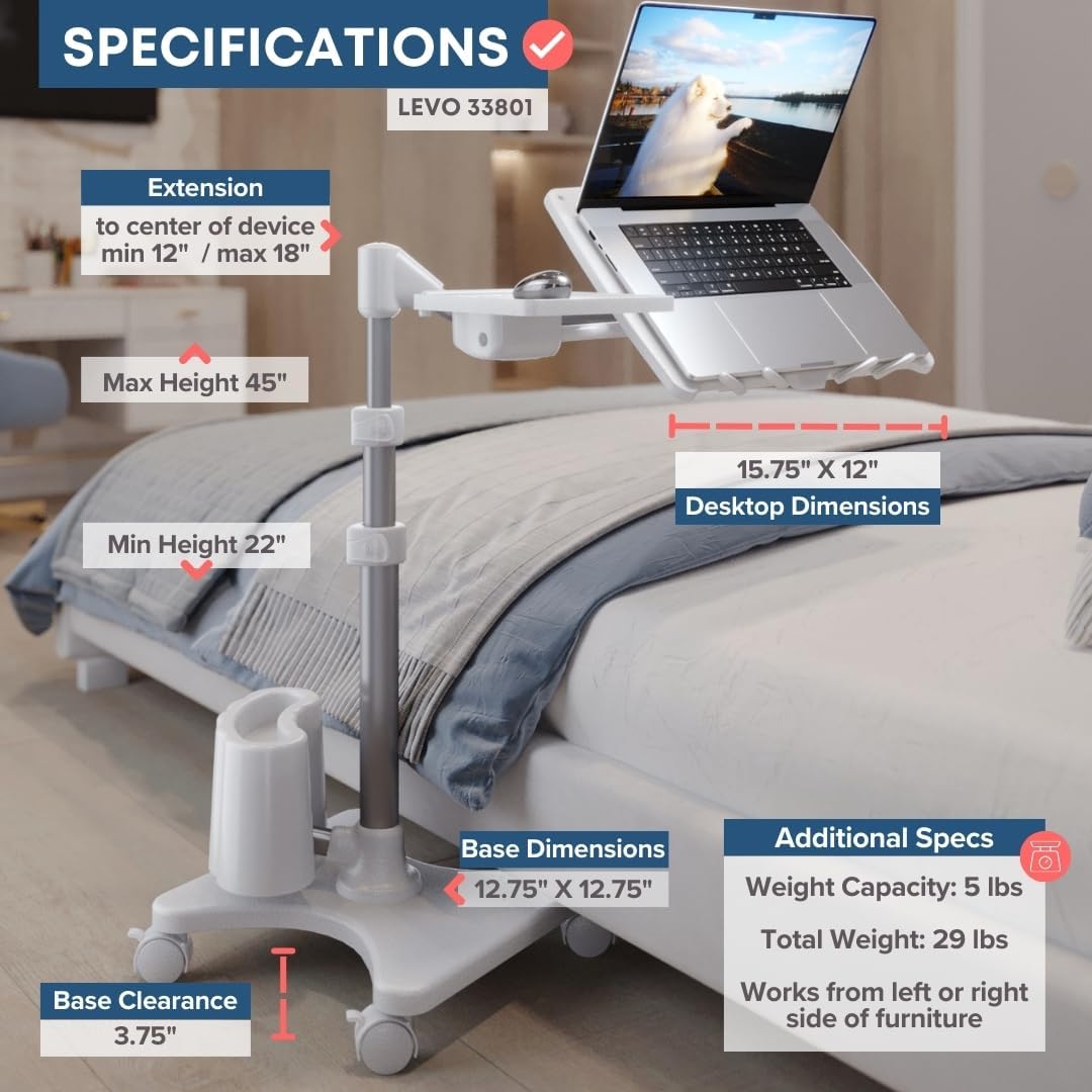 LEVO G2 Deluxe Adjustable Laptop Stand – Rolling Computer Desk & Ergonomic Table for Bed, Sofa, or Office – Portable Mobile Workstation with Tilt – Fits Devices up to 16″ - Silver & White