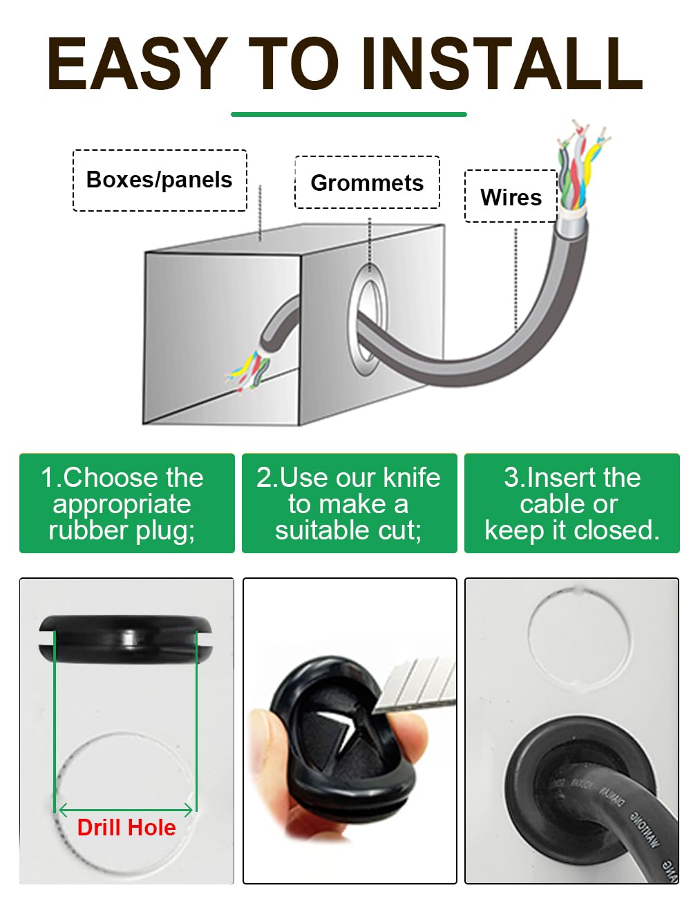 110 Pcs Rubber Grommets Kit - Rubber Plugs for Holes Assorted 6 Sizes 5/16 3/8 1/2 5/8 7/8 1 Inch, Waterproof Firewall Automotive Wires Cables Grommets Set for Sheet Metal Electric Box Desk