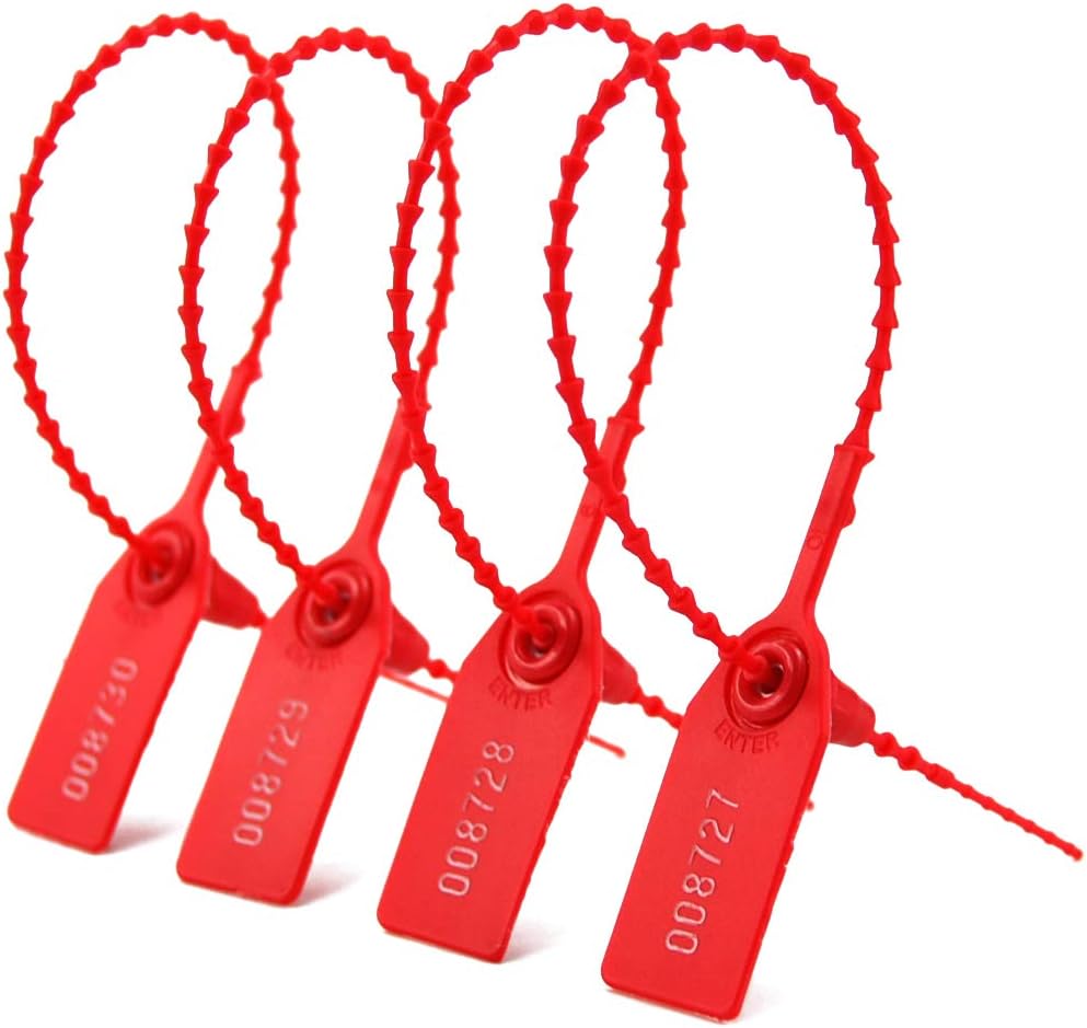 Leadseals(R) 100 Plastic Tamper Seals, Zip Ties for Fire Extinguishers Pull Tite Security Tags Numbered Disposable Self-Locking Tie 250mm Length (Red)