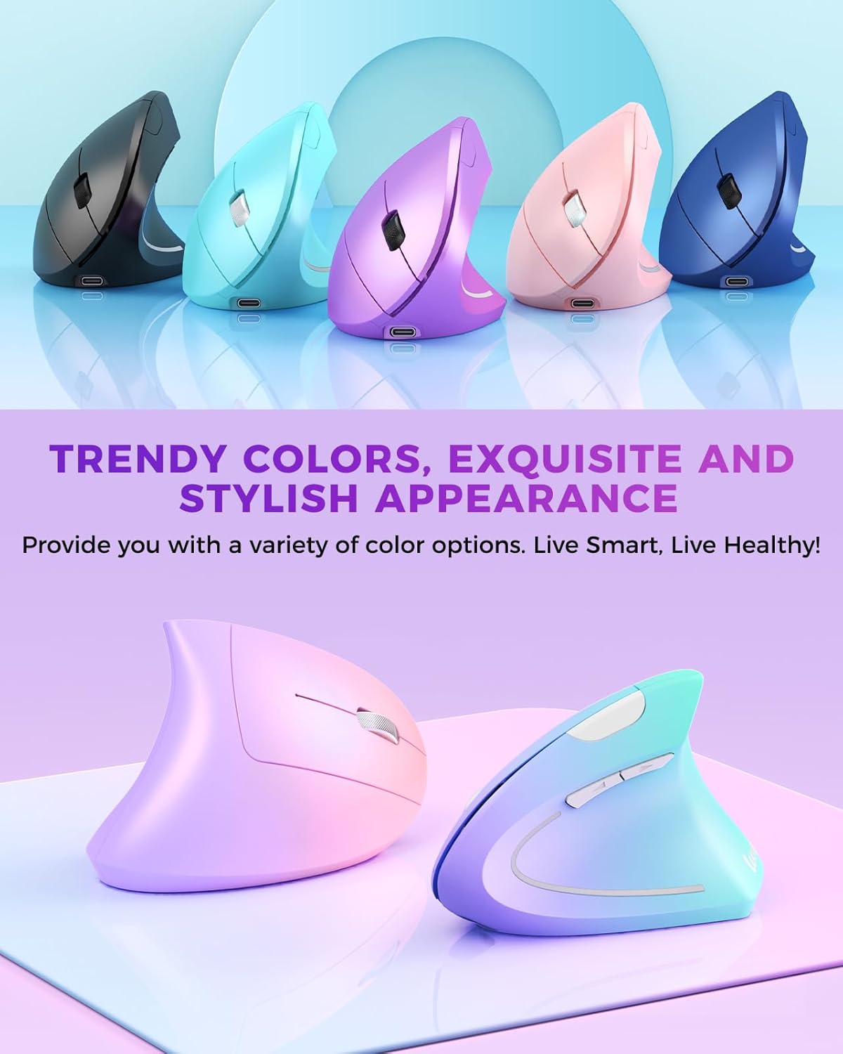 Lekvey Ergonomic Mouse, Wireless Vertical Mouse Rechargeable 2.4 GHz Optical Carpal Tunnel Mice : 800/1200 / 1600 DPI, 6 Buttons, for Laptop, PC, Computer, Desktop, Notebook etc, Purple