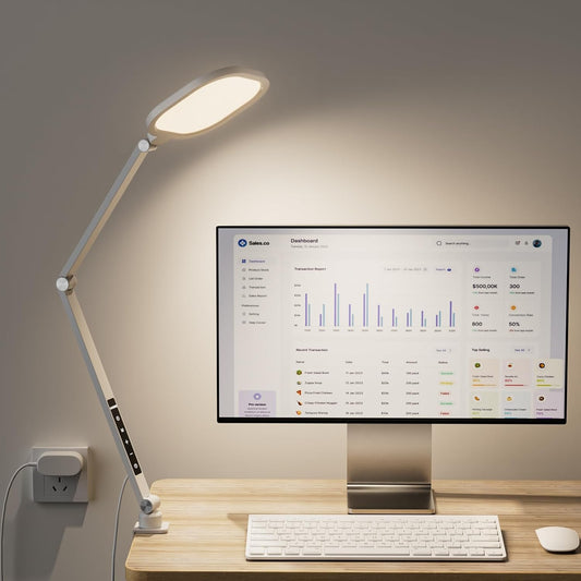 LED Desk Lamp for Home Office, 15W Desk Light with C- Clamp, Swing Arm, Memory & Timer Function, 1200LM Dimmable Computer Light for Video Calls, Conference, Study (White-Clamp)