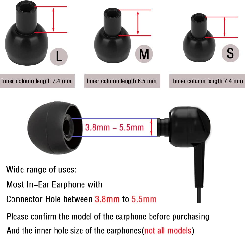 18 Pairs Silicone Earbud Tips Replacement Ear Tips Earbuds Cap for in- Ear Headphones Eartips (Inner Hole from 3.8mm-5.5mm Earphones) Earbud Replacement Tips Ear Buds Tips S M L,Black