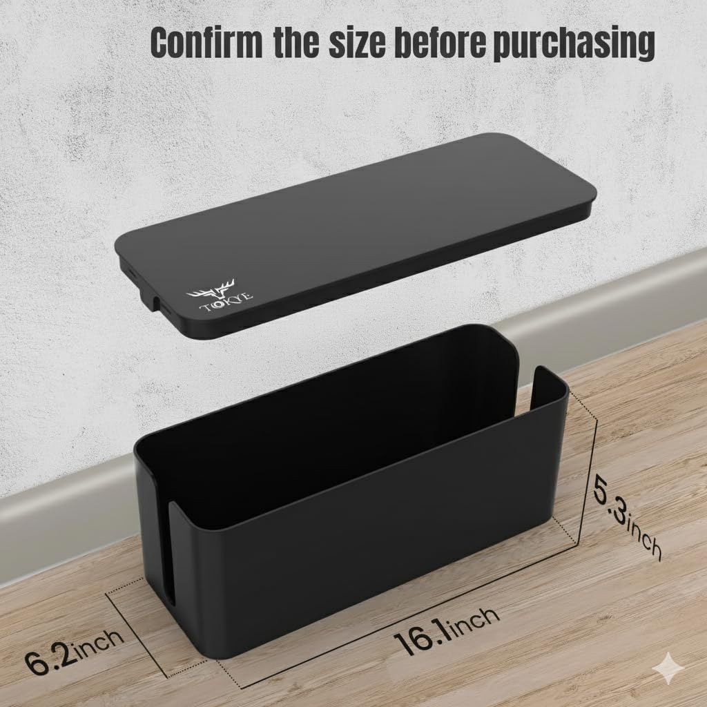 Large Cable Management Box, Cord Organizer Box to Hide Power Strip, Extension Cord, Surge Protector | Cord Hider Safe Box for Desk Organizers, Gaming PC, Computer, TV | White, Black Edition by Tokye®
