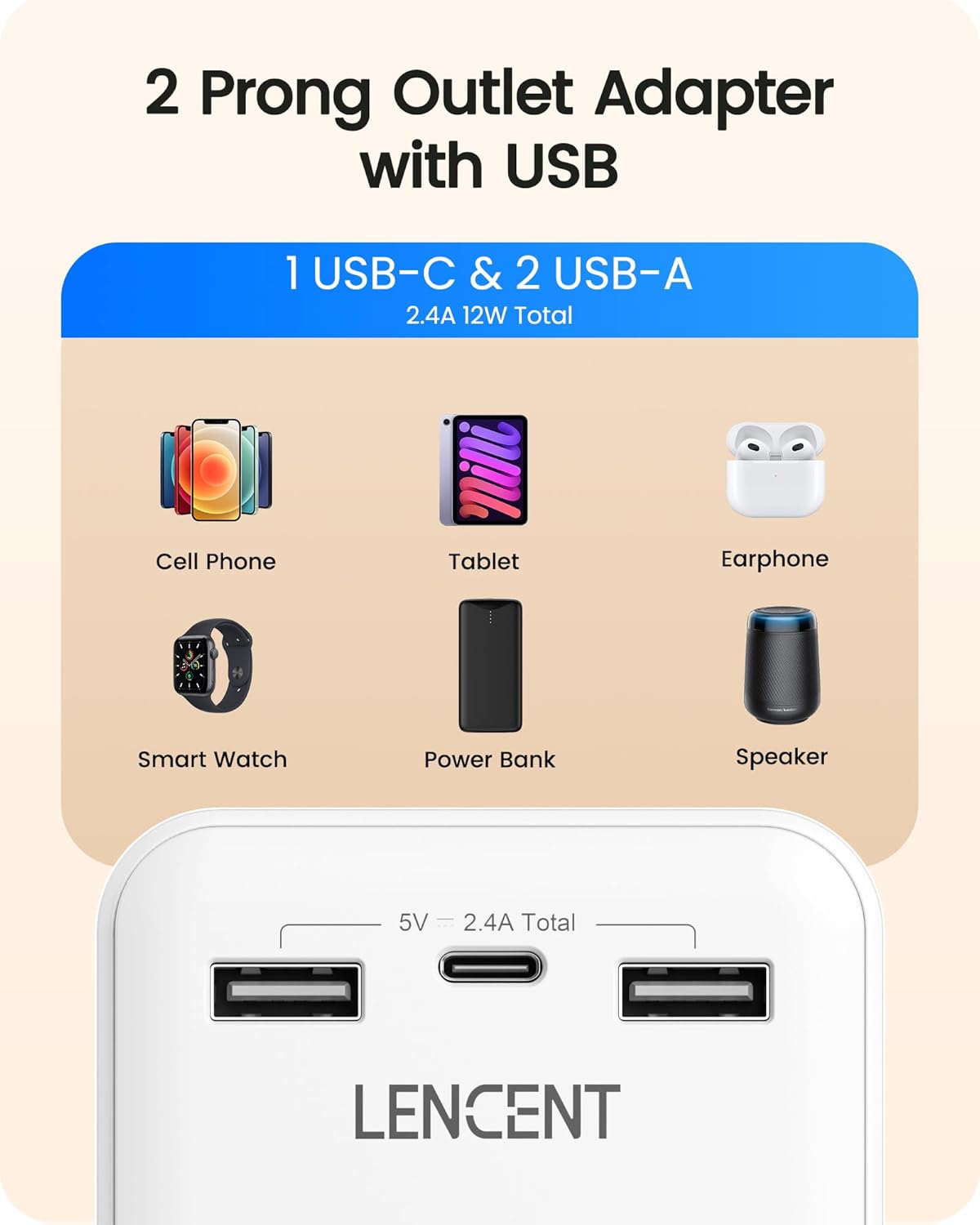 LENCENT 2 to 3 Prong Outlet Adapter, 2 Prong Power Strip with 6 AC Sockets 3 USB Ports(1 USB C), 3-Sided Wall Plug Splitter, 1875W Max, Compact Adapter for Non-Grounded Outlets in Old Houses