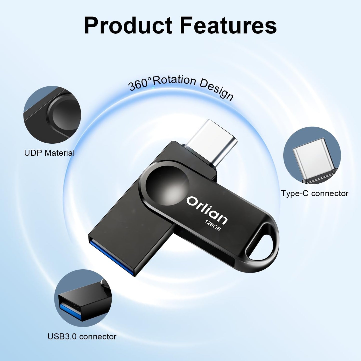 128GB Dual USB Type C +A Flash Drive 2-in-1 OTG USB 3.0 Thumb Drive Metal UDP Waterproof Swivel Design Portable for PC Laptop Tablet Android Smartphone iPhone 15 and More, Black