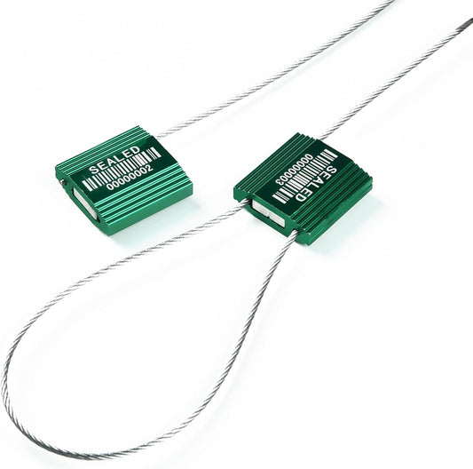 100 Green Steel Cable Seals With Barcode - High Security Numbered Truck Anti-Tamper Pull Tite Tags - Metal Container Shipping Self-Locking Safety Ties ISO 17712