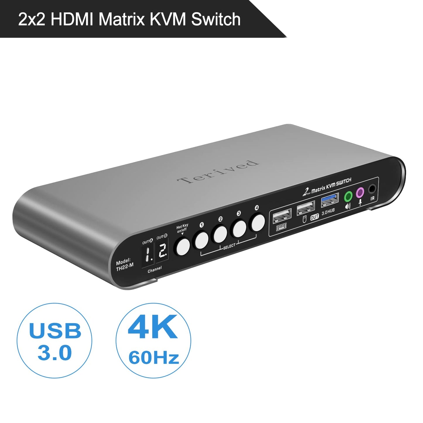 2 Computers 2 HDMI Monitors Matrix Automatic KVM Switch 4K@60Hz, Hotkey Switching, EDID, Digital Display and Aluminum Shell, USB 3.0 Hub Audio Microphone with Cables