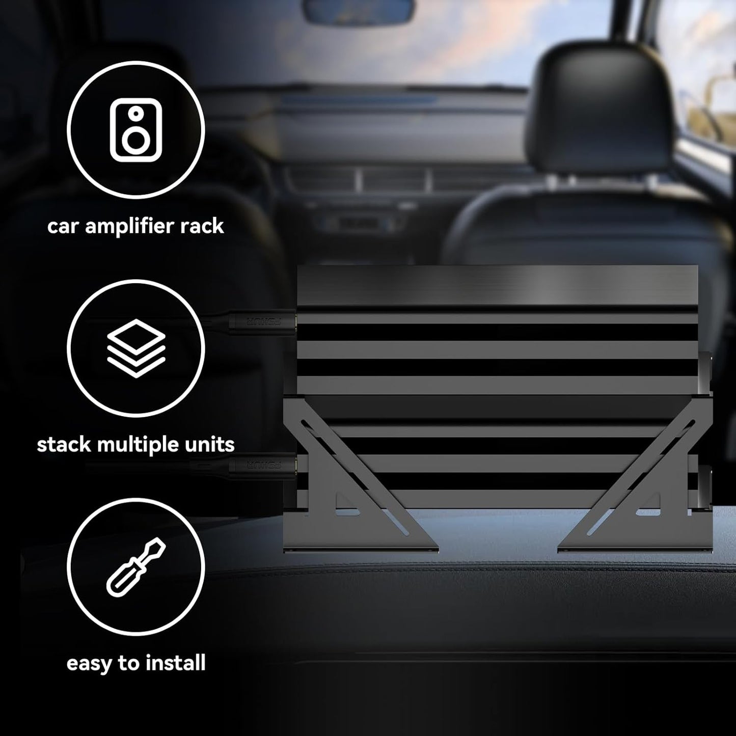 2 Amp Amplifier Rack, Audio Rack, Rack Mount Amplifier for Droppin HZ Car Audio, Steel, Black Powder Coated, Bracket Mount, 24 Watts, Audio Equipment Rack