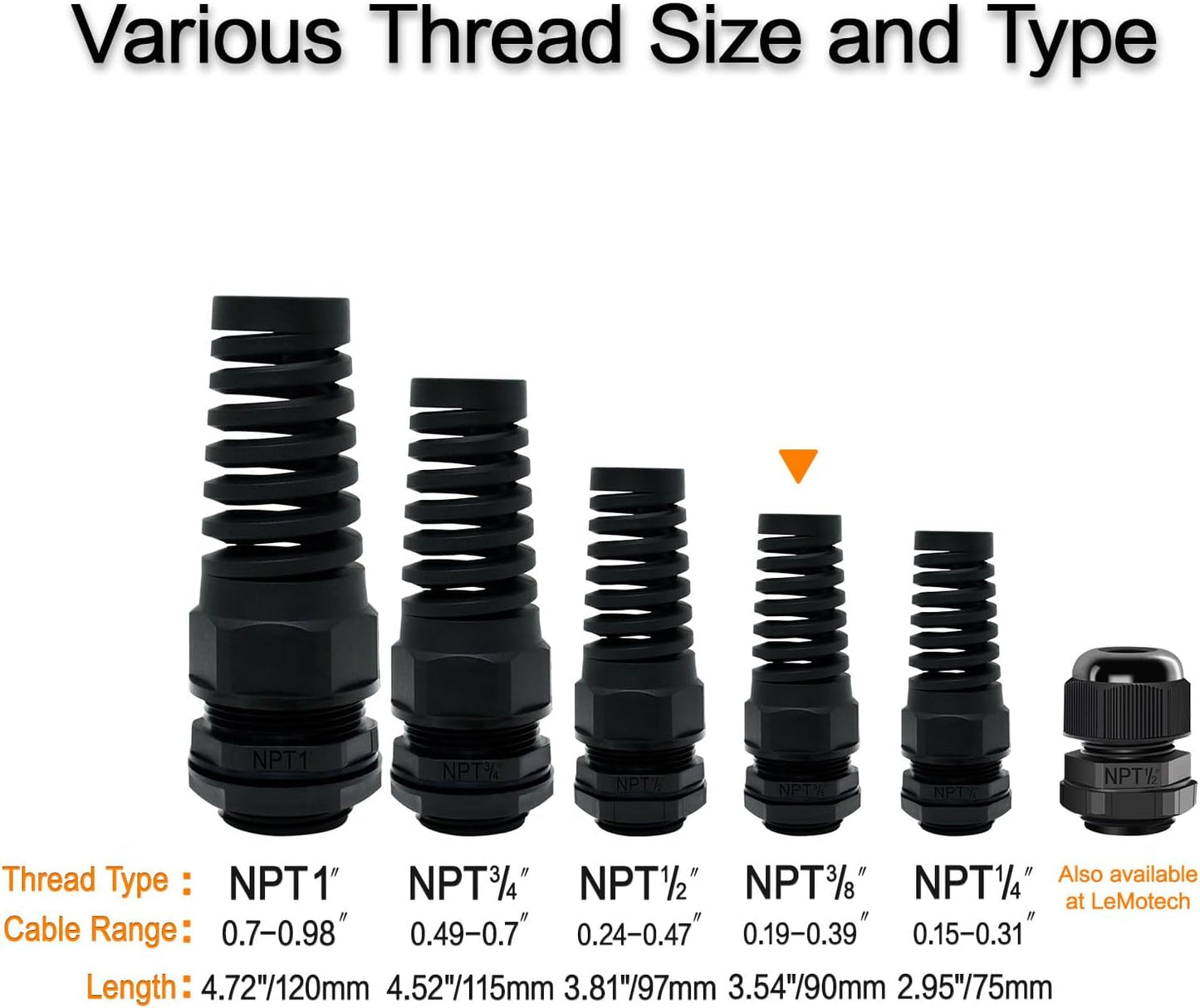 LeMotech 10Pcs NPT 3/8" IP68 Waterproof Cable Gland Flex Spiral Strain Relief Black Nylon Joint with Gaskets for 5-10mm Wire Thread