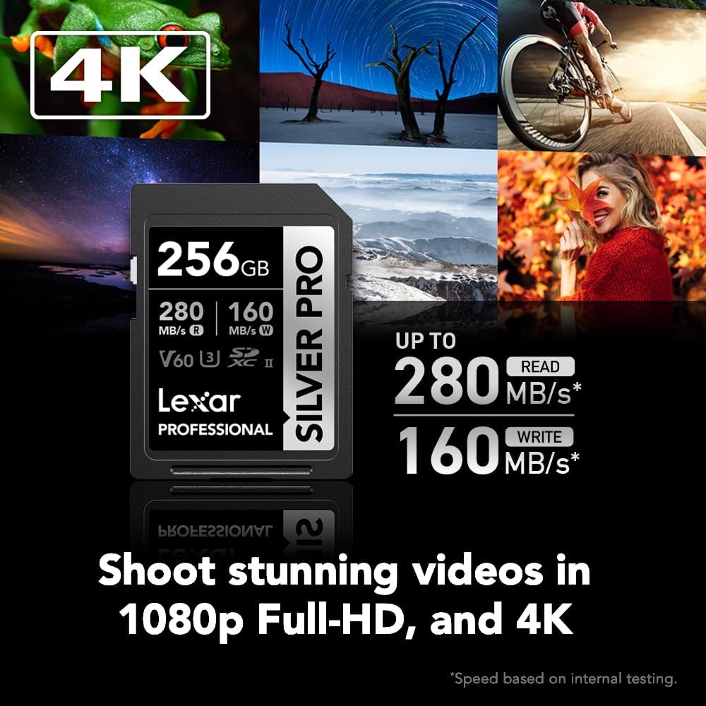 Lexar 256GB Professional SILVER PRO SD Card, UHS-II, C10, U3, V60, Full HD, 4K, Up To 280MB/s Read SDXC Memory Card, for Professional Photographer, Videographer, Enthusiast (LSDSIPR256G-BNNNU)