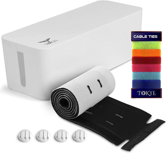 Large Cable Management Box, Cord Organizer to Hide Power Strip, Extension Cord, Surge Protector | Cord Hider Safe Box for Desk Organizers, Gaming PC, Computer, TV | White, Black Edition by Tokye®